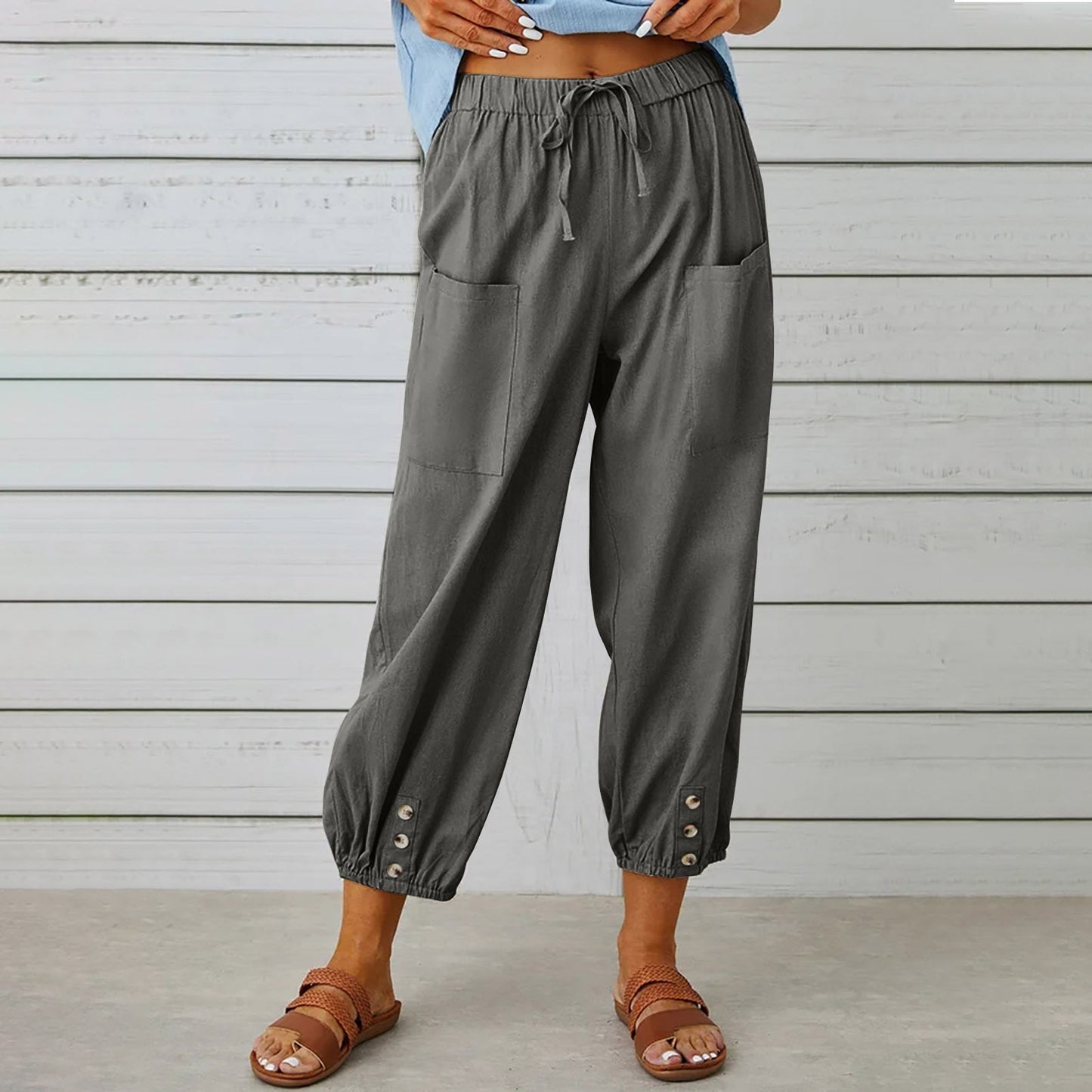 High Waist Buttoned Linen Trousers