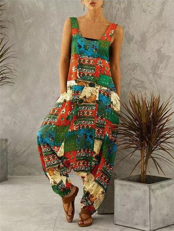 vintage-print oversized overalls