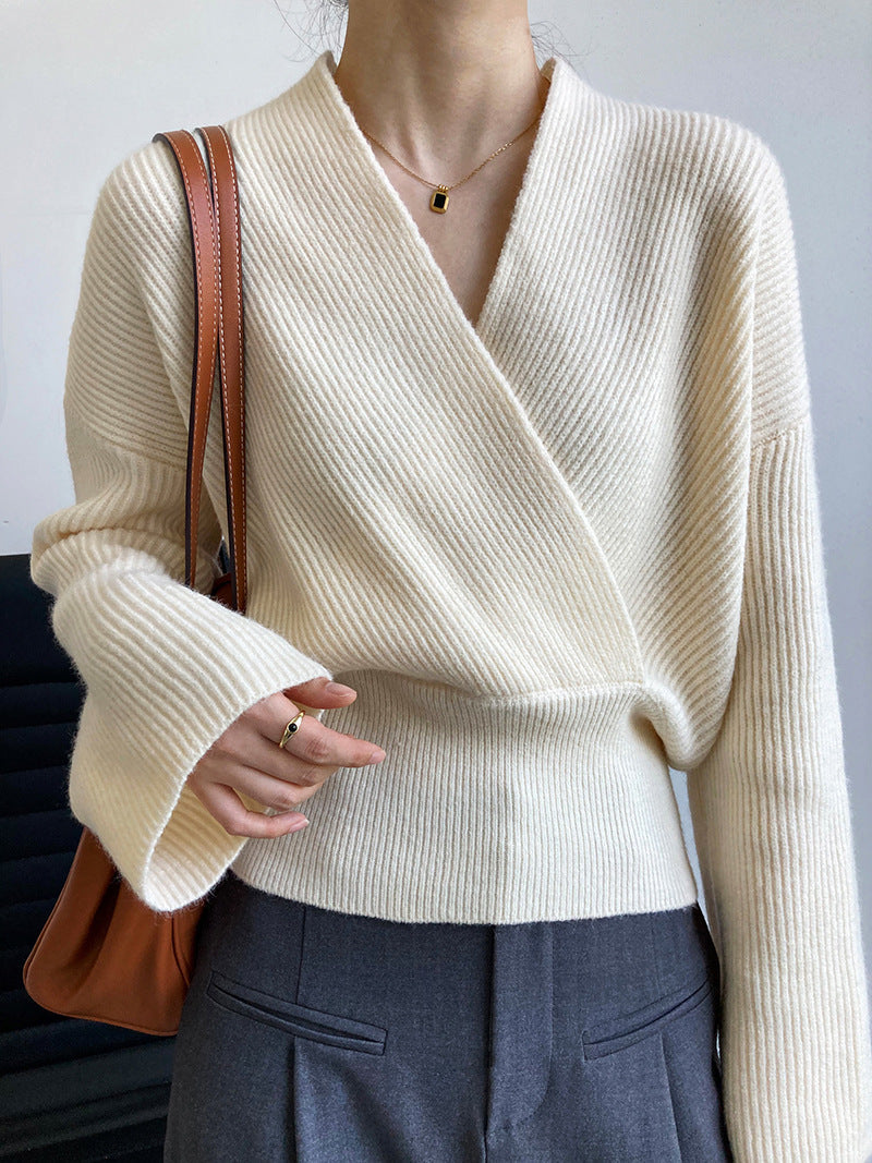 Cropped Vintage Crossover V-Neck Wrap Sweater