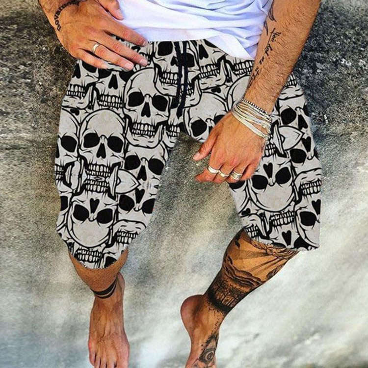 Printed Skull Loose Mid Waist Men's Shorts - DUVAL