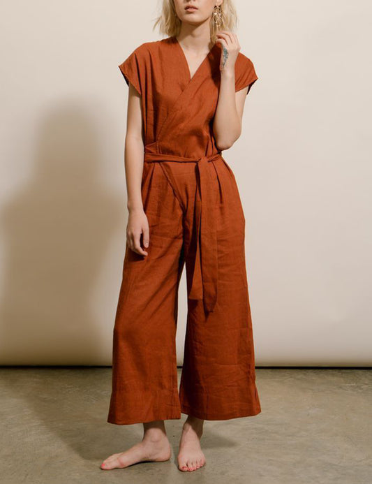 Vintage Wide Leg Linen Wrap Jumpsuit - DUVAL