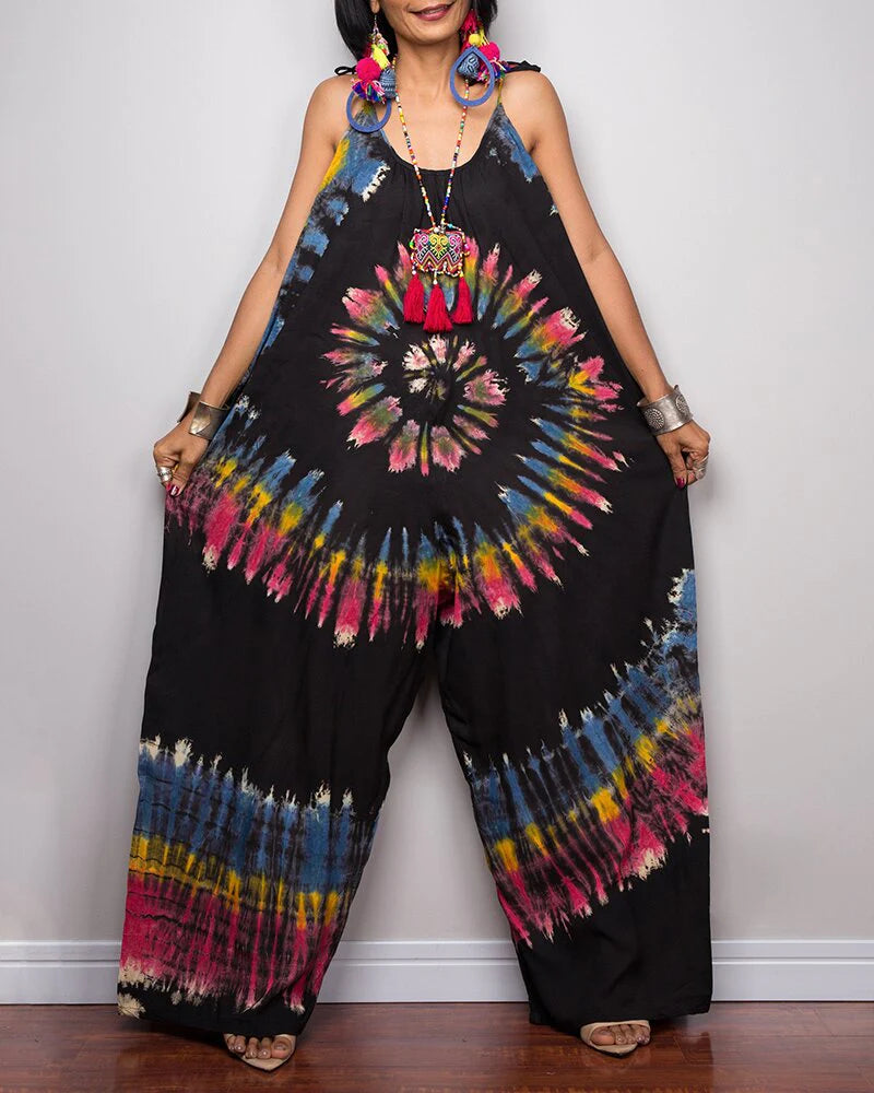 Tie-dye Printed Wide-leg Lace-up Loose Jumpsuit