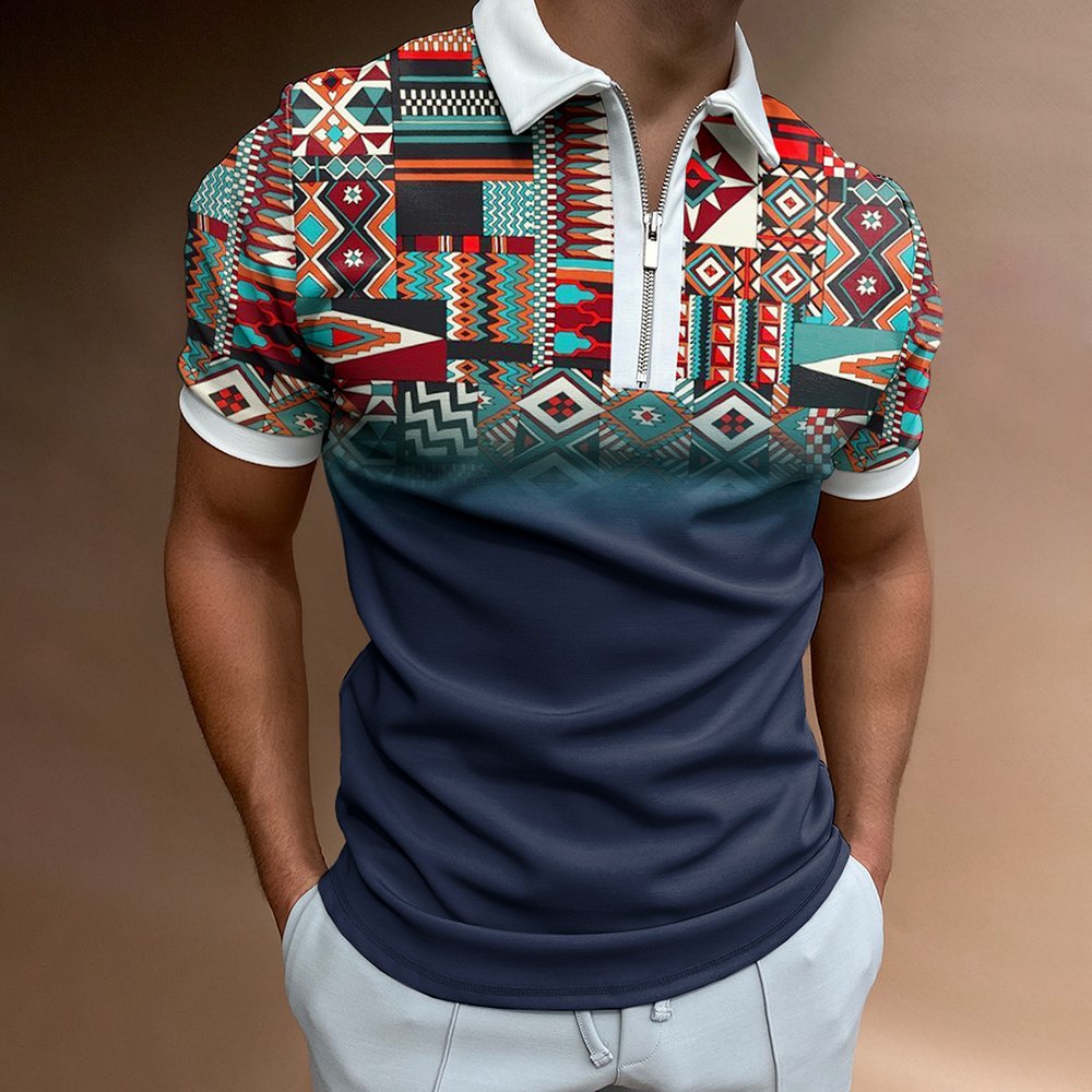 Men's Casual Western Ethnic Pattern Print Short Sleeve Zipper Polo Shirt - DUVAL