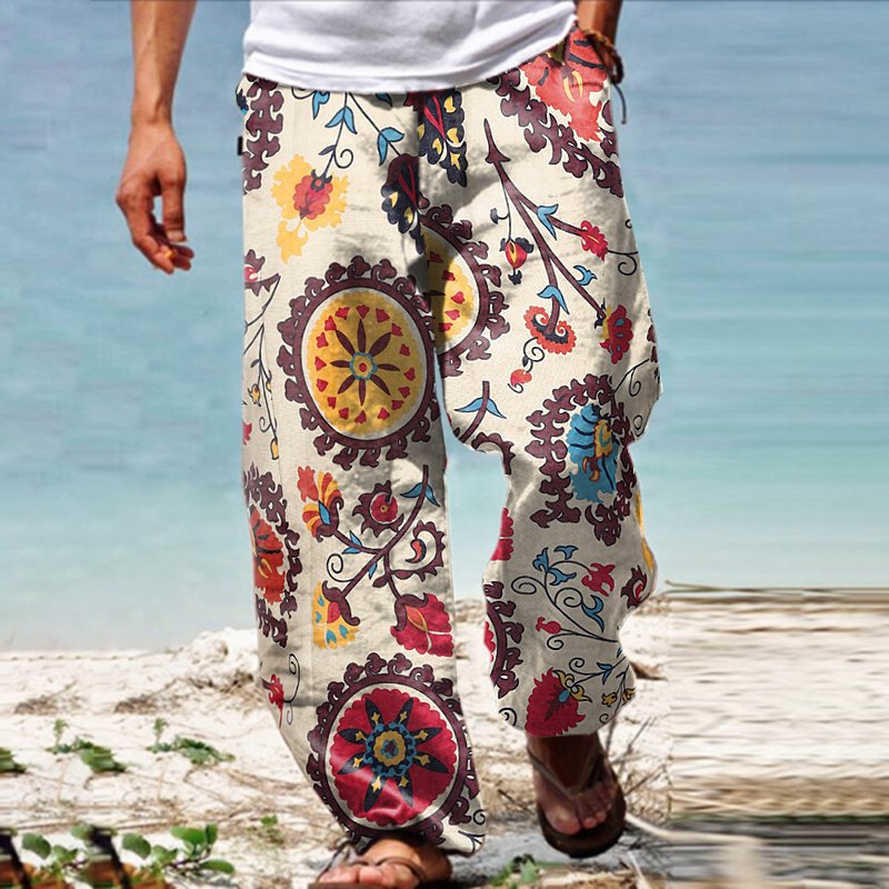 Men's Linen Western Ethnic Irregular Boho Print Double Pocket Stretch Loose Pants - DUVAL