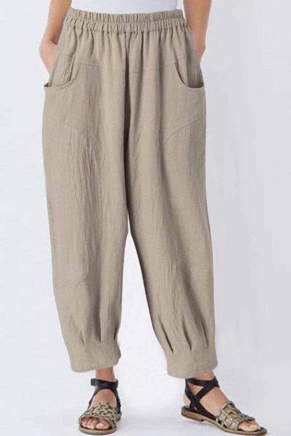 Casual Solid Paneled Side Pockets Elastic Folds Harem Pants