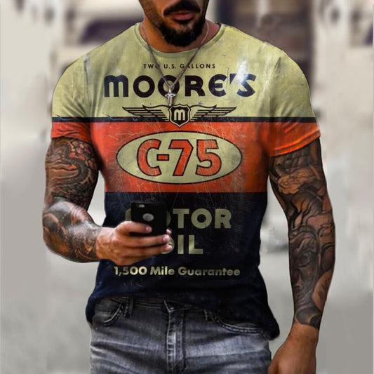 Retro Motor Oil Print Short-sleeved T-shirt - DUVAL