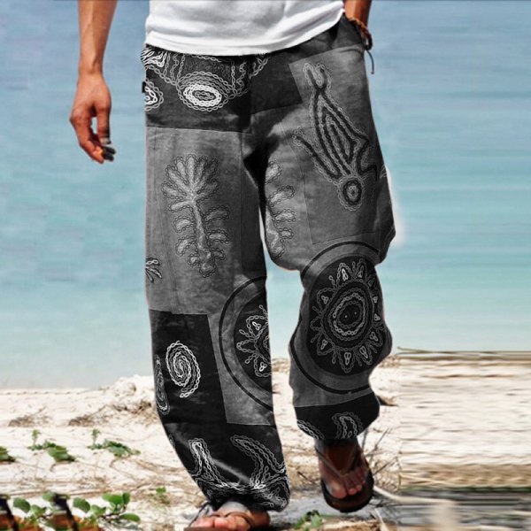 Men's Linen Western Ethnic Irregular Boho Print Double Pocket Stretch Loose Pants - DUVAL