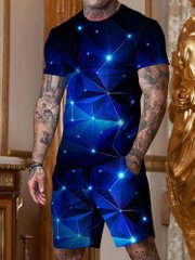 Men's Casual Black and Blue Printed Round Collar Suit - DUVAL