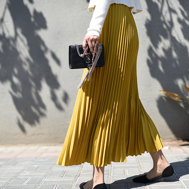 High waist elastic waist pleated skirt