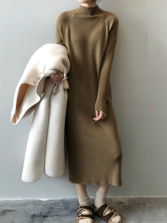 Mid-length knitted dress with half turtleneck