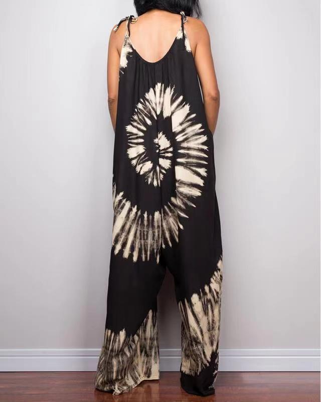 Tie-dye Printed Wide-leg Lace-up Loose Jumpsuit