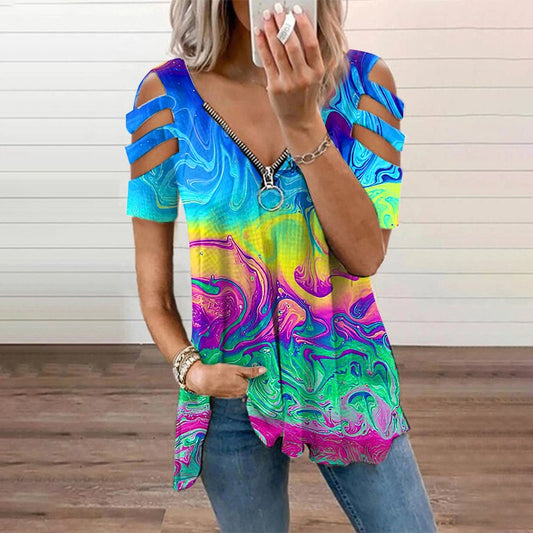 Abstract Art Print Zipper Deep V-neck Off Shoulder Women Blouse - DUVAL