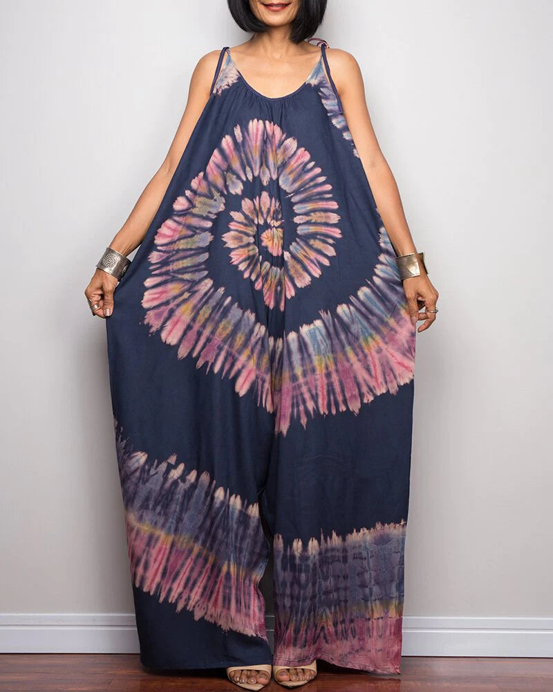 Tie-dye Printed Wide-leg Lace-up Loose Jumpsuit