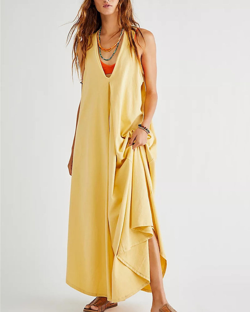 Summer Double Pocket Sleeveless Maxi Dress