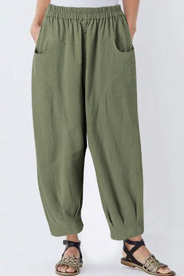 Casual Solid Paneled Side Pockets Elastic Folds Harem Pants