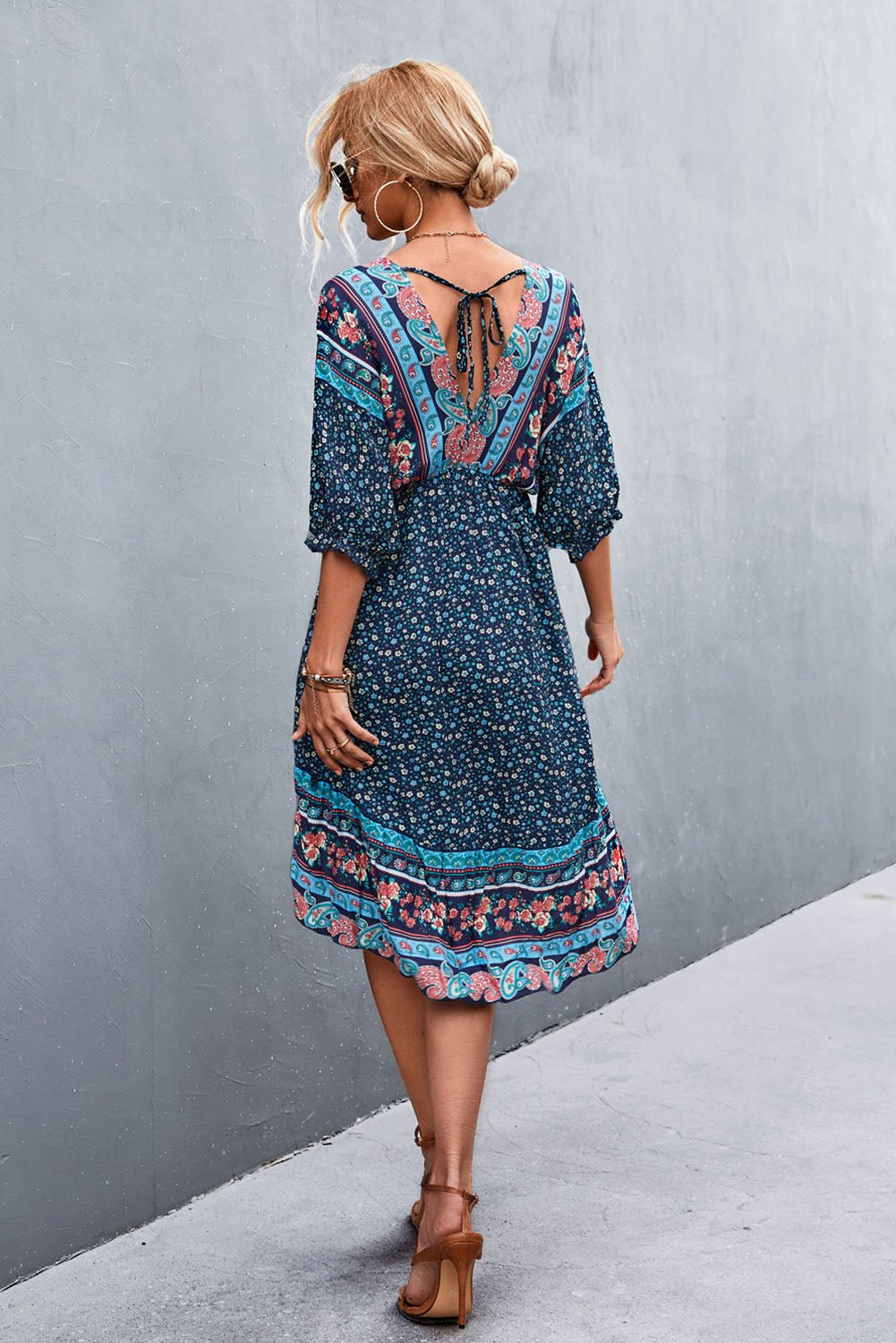 Floral Printed Bohemian V Neck Dress - DUVAL