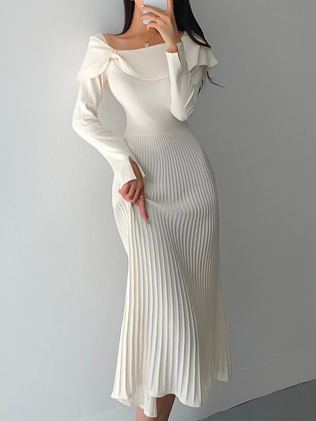 Elegant Acrylic Plain Long Sleeve Midi Dress