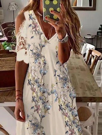 Women's Dresses Printed V-Neck Off-Shoulder Short Sleeve Dress - DUVAL