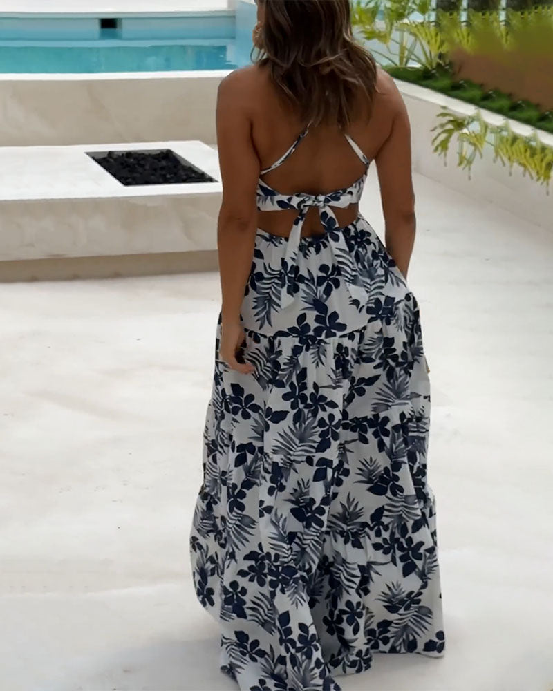 Summer holiday style backless print two-piece set