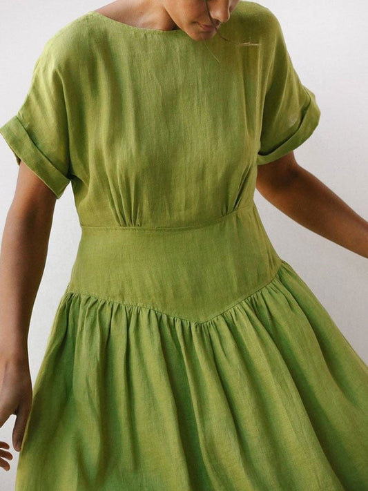 2023 New Linen Grass Green Midi Dress