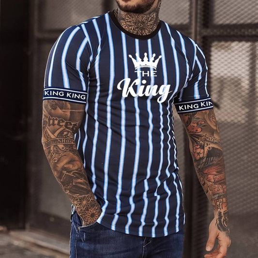 Men's Fashion The King Stripe Print Casual Slim Fit Short Sleeve T-Shirt - DUVAL