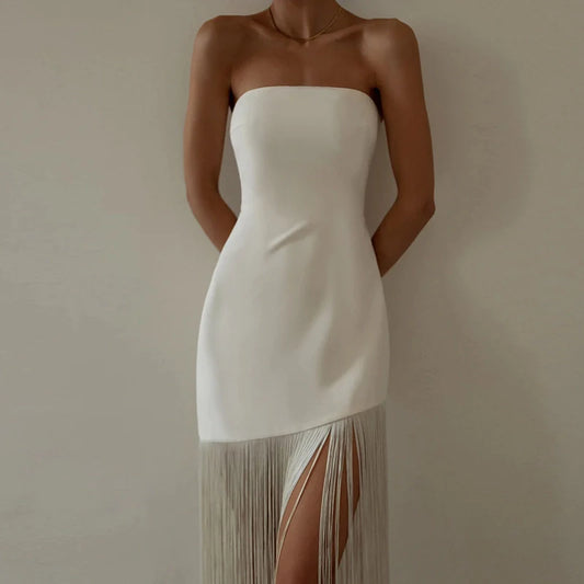 Elegant Fringe Strapless Slit Dress