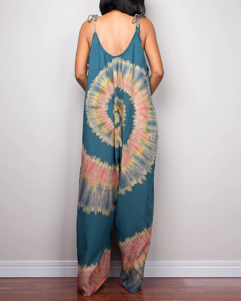 Tie-dye Printed Wide-leg Lace-up Loose Jumpsuit