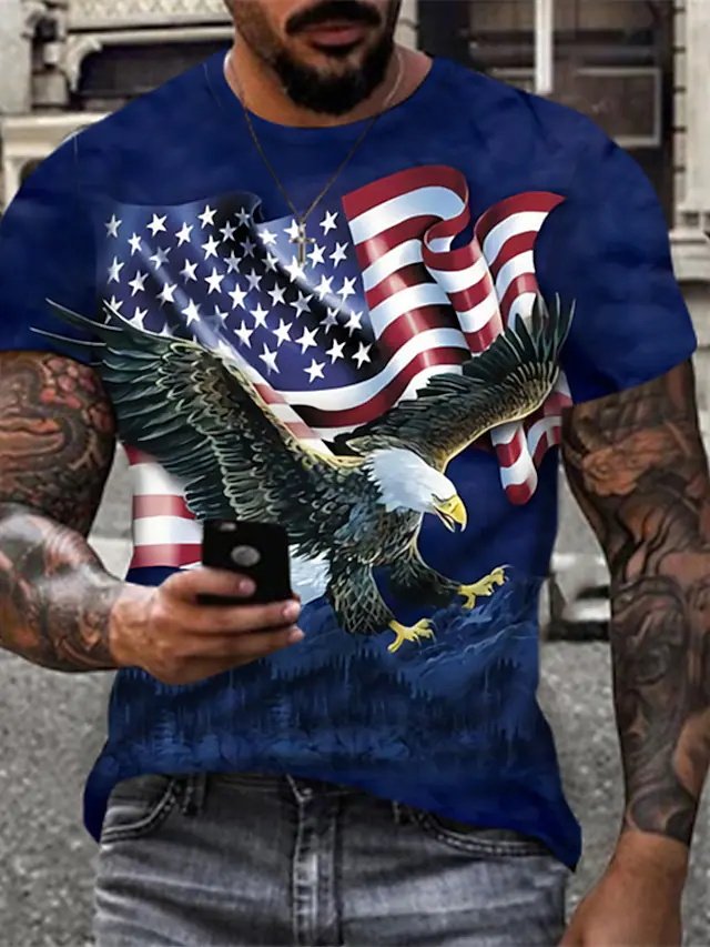 Men's T Shirt Tee 3D Print Eagle National Flag Crew Neck Christmas Daily Print Short Sleeve Tops Sportswear Casual Fashion Comfortable Blue - DUVAL