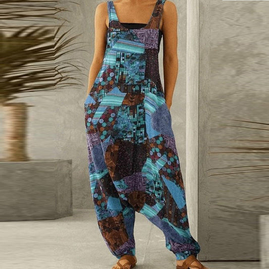 Vintage Print Oversized Suspender Jumpsuit