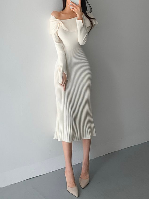 Elegant Acrylic Plain Long Sleeve Midi Dress