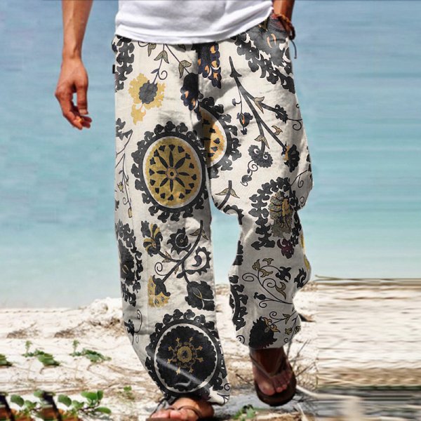 Men's Linen Western Ethnic Irregular Boho Print Double Pocket Stretch Loose Pants - DUVAL