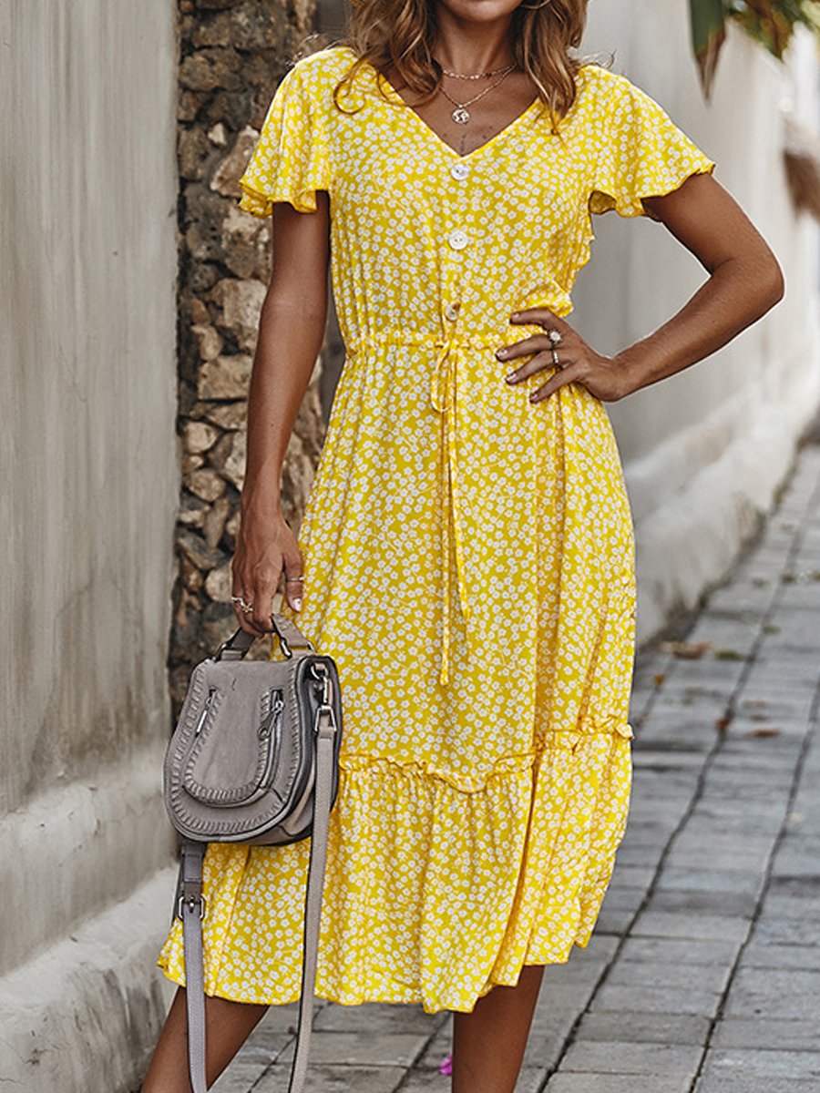 Casual Floral Print V-Neck Button Short Sleeve Midi Dress - DUVAL