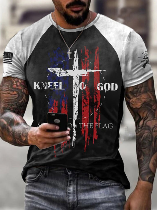 USA FLAG CROSS KNEEL TO GOD RAGLAN GRAPHIC TEE - DUVAL