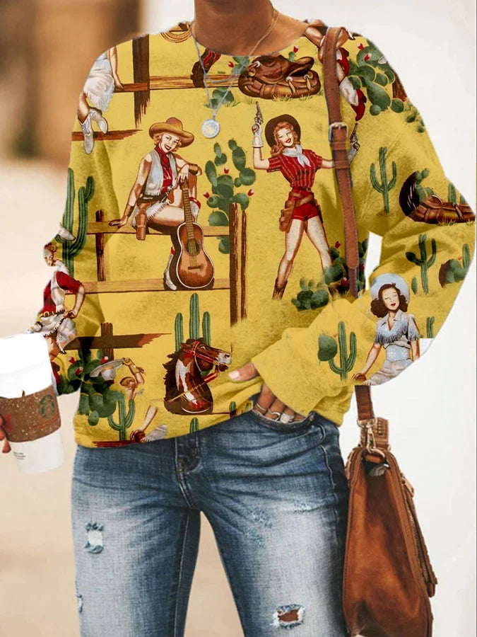 Western Vintage Print Long Sleeve Sweatshirt