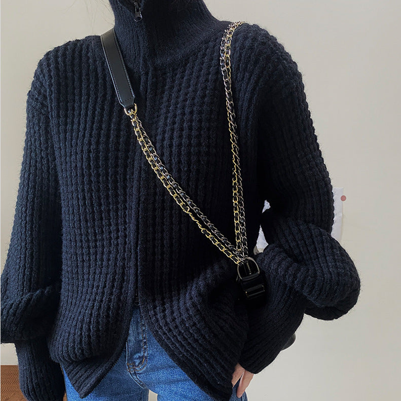 Turtleneck Simple Zip Knit Cardigan