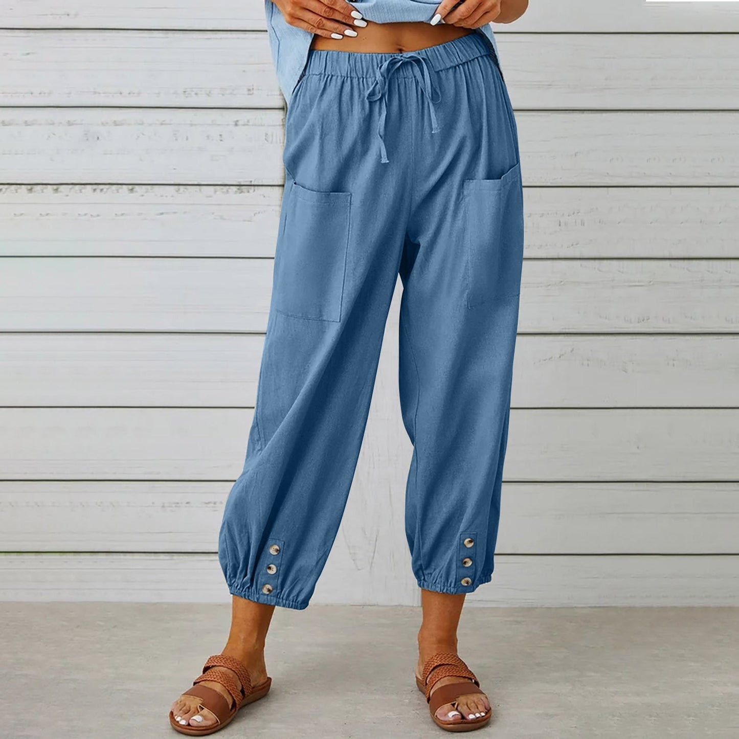 High Waist Buttoned Linen Trousers