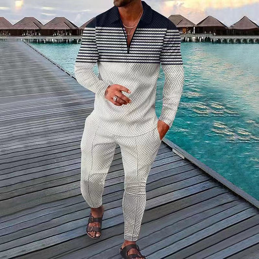 Casual Stripe Pattern Long Sleeve Polo Suit