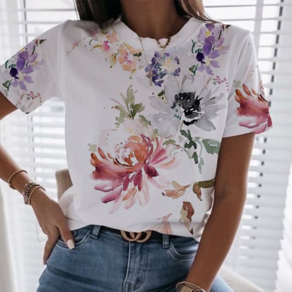 Watercolor Floral Print Splash Short Sleeve White Top - DUVAL