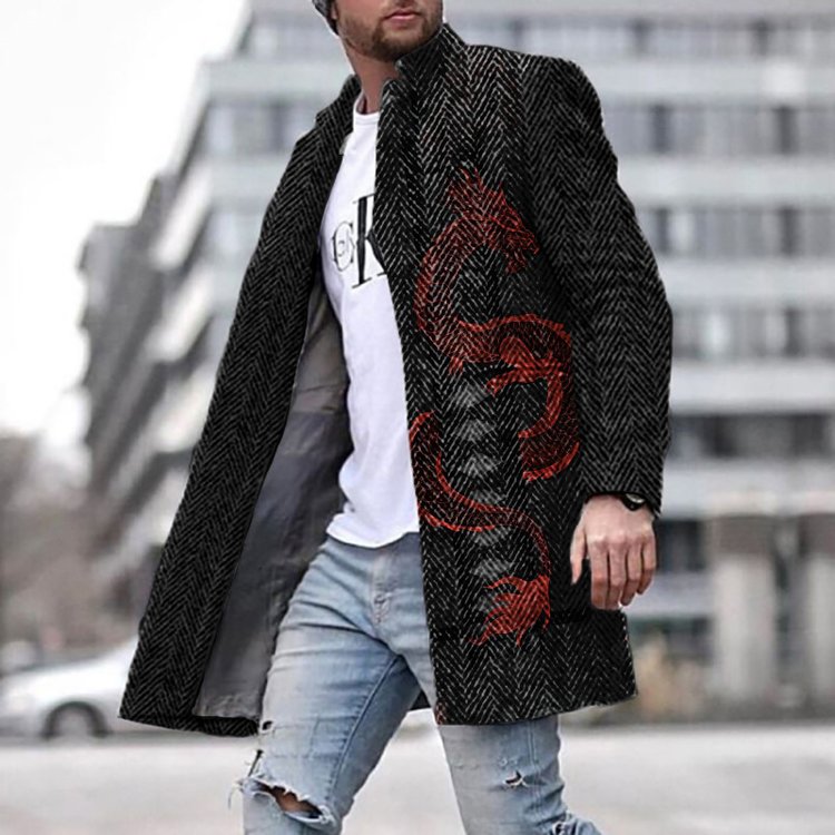 Casual Contrast Dragon Print Long Sleeve Men's Jacket - DUVAL