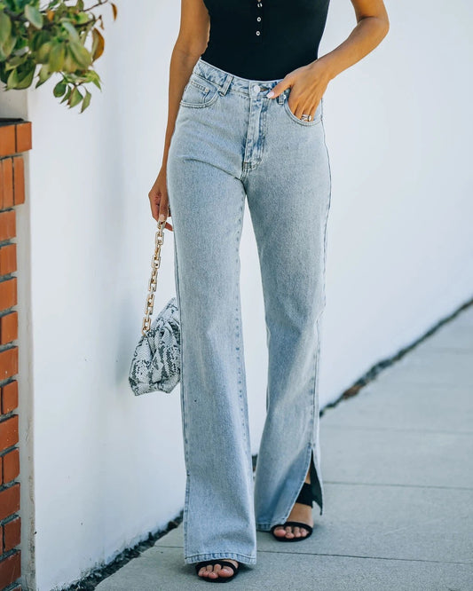 Washed slit mid-rise elegant jeans