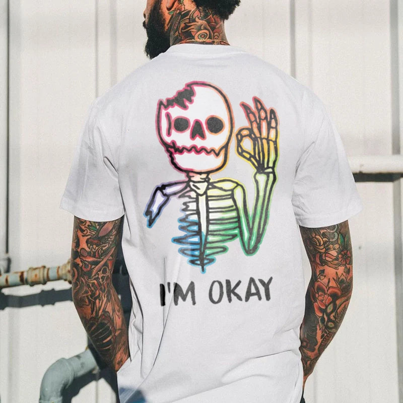 Multicolored Skull Bone I’M OK Couple Models T-Shirt