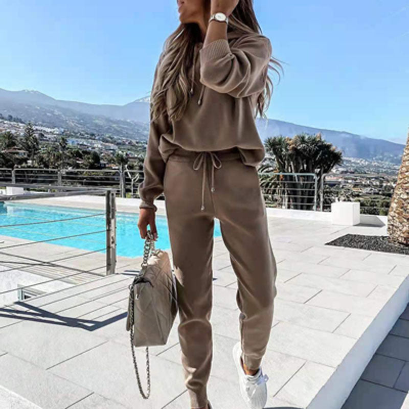 Autumn and winter plus fleece hooded loose sweater two-piece suit