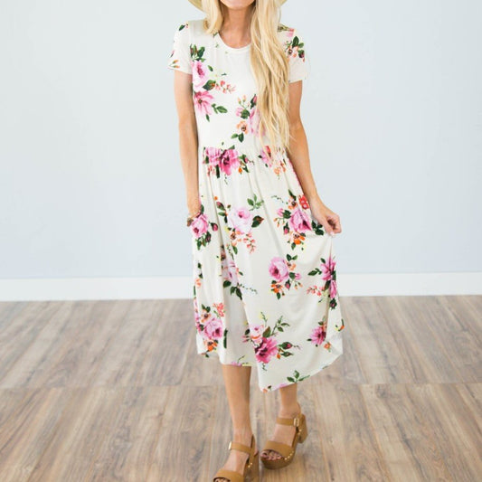 Plus Size Crew Neck Floral Dress - DUVAL