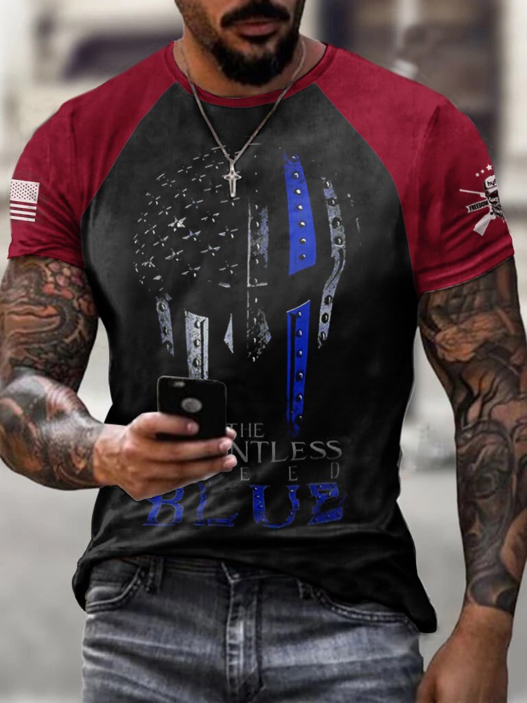 SPLICING THIN BLUE LINE SKULL PATRIOTIC PRINTED TEE - DUVAL