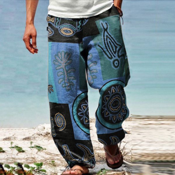 Men's Linen Western Ethnic Irregular Boho Print Double Pocket Stretch Loose Pants - DUVAL