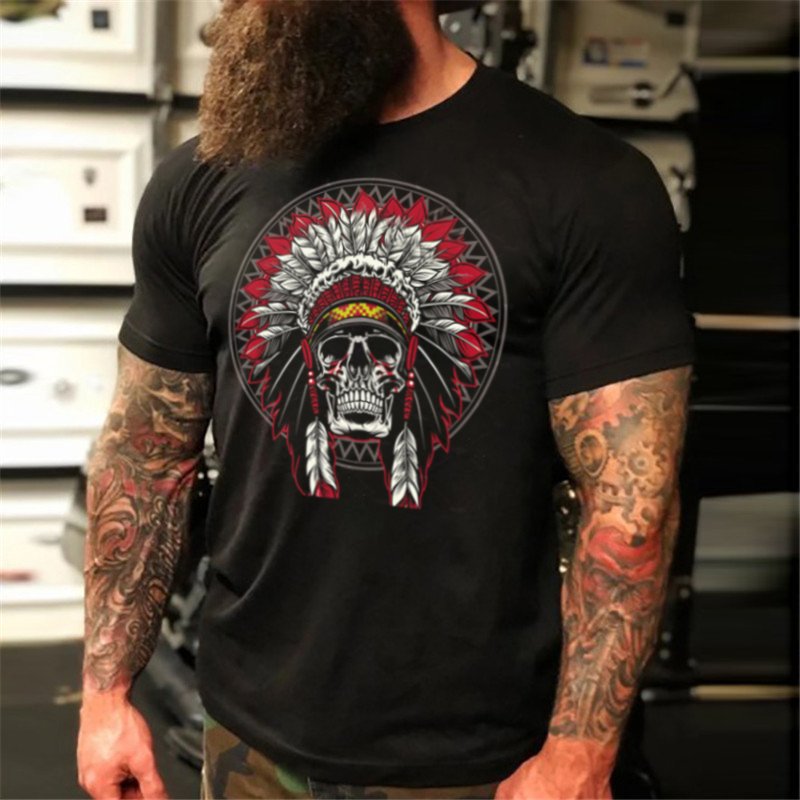 Men's Short Sleeve Skull Indian Head Dark Biker T-Shirt - DUVAL