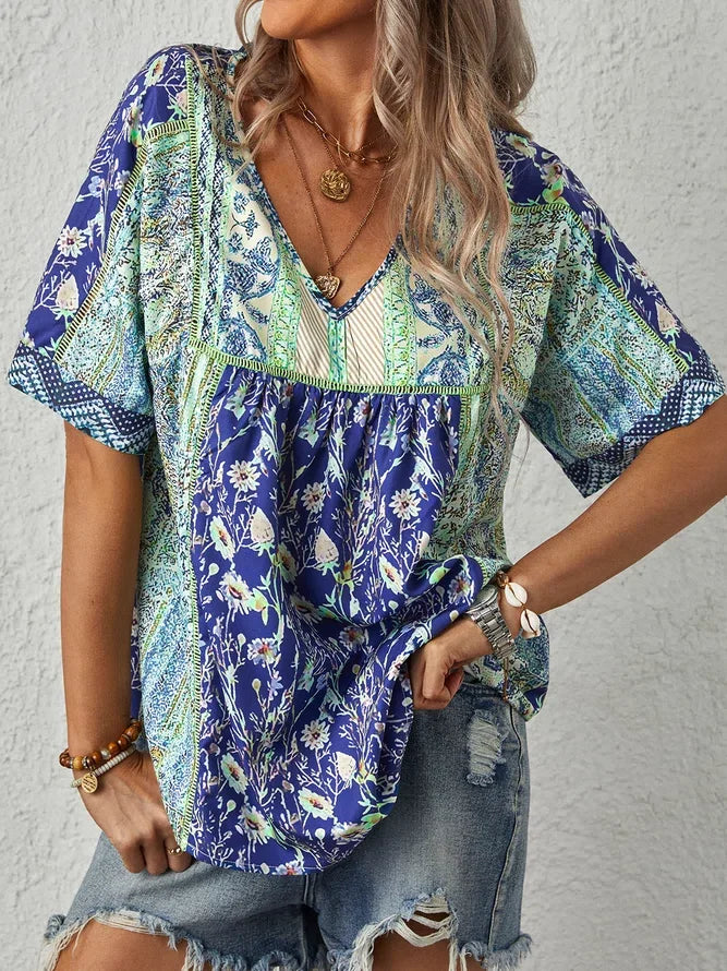 Plus Size Boho Casual Short Sleeve Tops - DUVAL