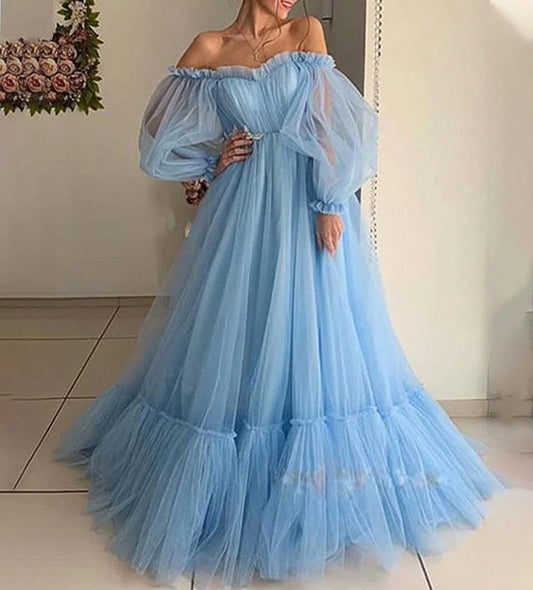 Off Shoulder Gauze Long Sleeves Large Swing Dress