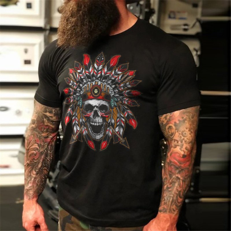 Men's Indian Skull Head Dark Biker T-Shirt - DUVAL