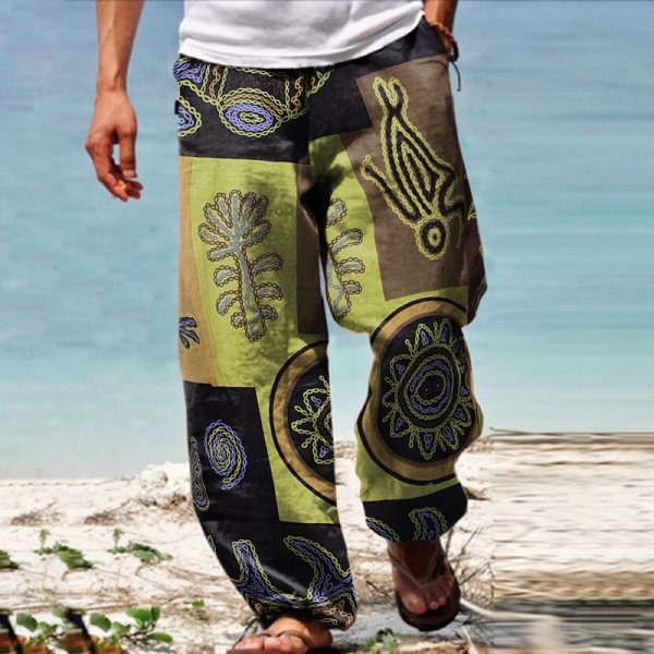 Men's Linen Western Ethnic Irregular Boho Print Double Pocket Stretch Loose Pants - DUVAL